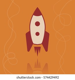 Vector icon of rocket. Flat illustration of spaceship on the orange background.