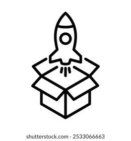 Ícone vetorial de um foguete lançado de uma caixa aberta, ideal para projetos inovadores, iniciantes ou com temática de criatividade. Traçado editável.