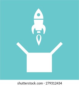 Vector icon of rocket start up out of the box | white modern flat design conceptual pictograms and illustrations isolated on green background