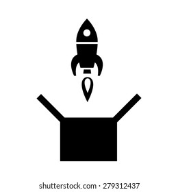 Vector icon of rocket start up out of the box | black modern flat design conceptual pictograms and illustrations isolated on white background