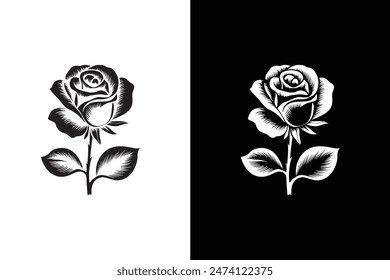 Vector icon of rose illustration. Rose Black and white icon silhouette background. Vector illustration