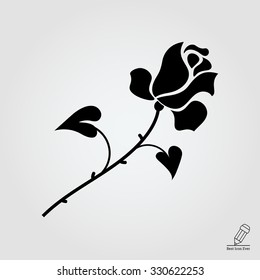 Vector icon of rose with stem, thorns and leaves 
