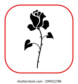 Vector icon of rose with stem, thorns and leaves 
