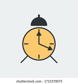 Vector icon of round alarm clock with clock hands and ringing bell on top. It represents a concept of time management, timer, countdown, schedule. Also can be used as a logo, icon or badge