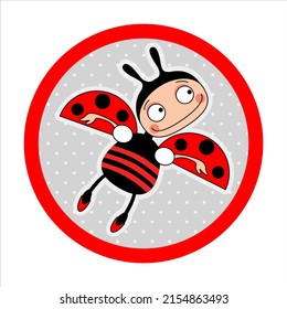 Vector icon round shape with cartoon comic girl dressed as a ladybug on a grey background with polka dots.