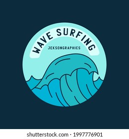 Vector icon of round shaped sticker with sea wave. Print logo on blue background