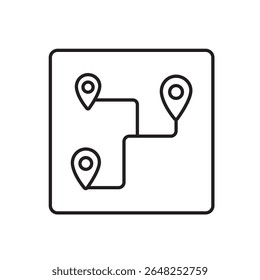 A vector icon of a route map with three location pins, representing multi-stop delivery planning, created in line style with editable stroke