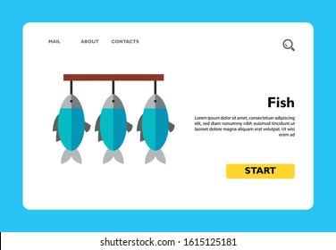 Vector Icon Of Row Of Dried Fish Hanging On String. Stockfish, Fish Market, Fishery. Seafood Concept. Can Be Used For Topics Like Food Industry, Gourmet, Shopping