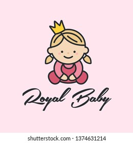 Vector icon royal baby. Girl princess wearing a crown and pink pajamas. Illustration of a royal child in flat minimalism style and text: royal baby