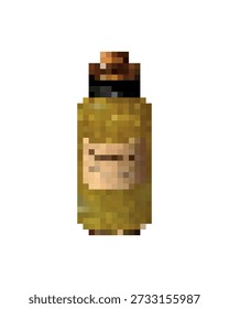 Vector icon for RPG games. Small glass vial. Honey yellow, goldenrod, dijon, mustard, amber, ochre, brown tones. Noble magic potion bottle in pixel art style. Paper label. Alchemical mastery.