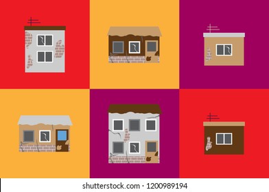 Vector icon ruined poor houses isolated on a red, yellow and violet backgrounds