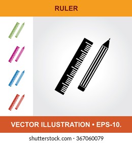 Vector Icon Of Ruler With Title & Small Multicolored Icons. Eps-10.