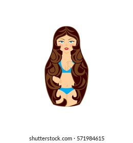 Vector icon. Russian doll. Brunette girl in swimsuit. Flat style