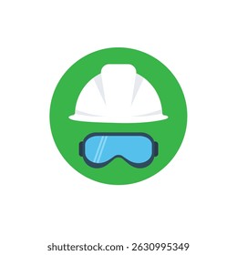 Vector icon of safety equipment featuring a white hard hat and blue protective goggles on a green background. Ideal for workplace safety, construction, or industrial protection concepts.