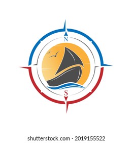 Vector icon with a sailboat and a compass for a logo, sticker or brand, for websites and applications and creative design. Flat style