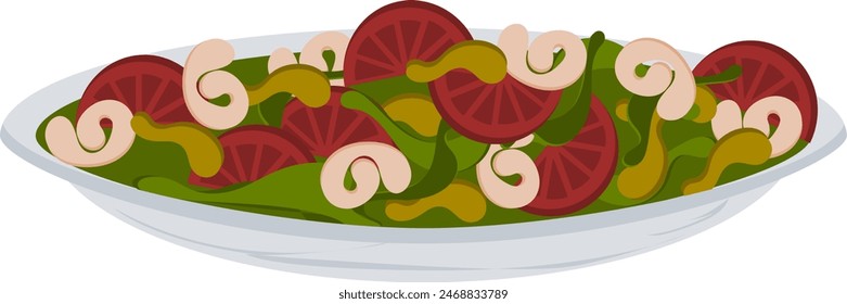 Vector icon of salad plate with tomatoes, mint, and nuts.
