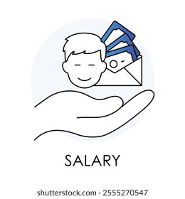 Vector icon for salary. Black and white outline icon of a hand holding money, symbolizing wages, compensation, and employee income.