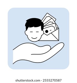 Vector icon for salary. Black and white outline icon of a hand holding money, symbolizing wages, compensation, and employee income.
