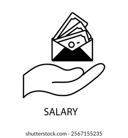 Vector icon for salary. Line art of money, coins, and payslip symbolizing earnings and wages.