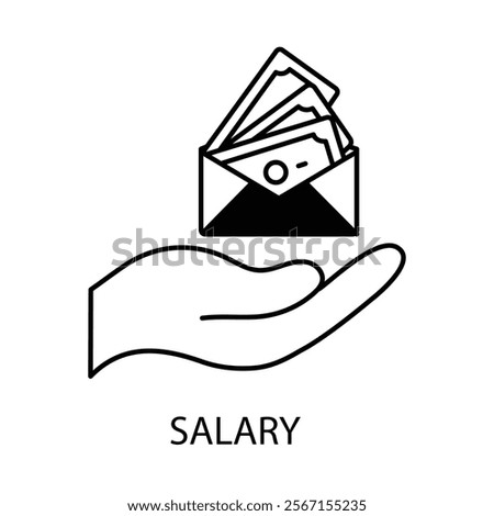 Vector icon for salary. Line art of money, coins, and payslip symbolizing earnings and wages.