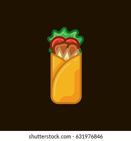 Vector icon sandwich roll with meat and vegetables on a dark background. Illustration fast food shawarma