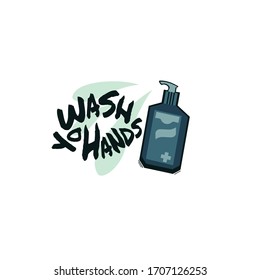 Vector icon of sanitizer with drops and slogan wash your hands