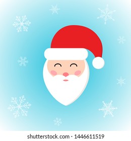 Vector icon of Santa Claus head in flat style on winter background. Festive Xmas illustration with snowflakes for design, posters, card, invitations, gift, greeting card. Christmas decoration.