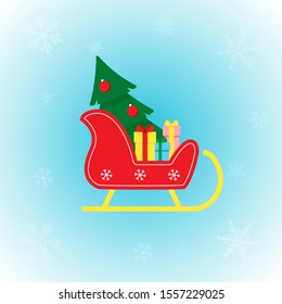 Vector icon of Santa Claus sleigh with Christmas gifts box in flat style on winter background. Festive Xmas illustration with snowflakes for design, card, invitation, greeting. Christmas decoration.