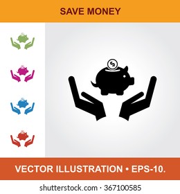 Vector Icon Of Save Money With Title & Small Multicolored Icons. Eps-10.