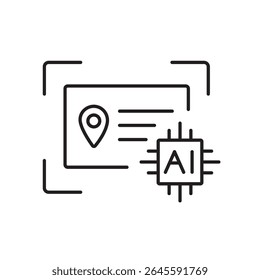 A vector icon of a scanned parcel address with AI chip, representing address recognition and verification using artificial intelligence, created in line style with editable stroke