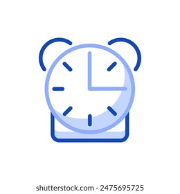 Vector icon of a school alarm clock with a round face, hour and minute hands and two bells on top. It symbolizes punctuality, time management and can be used for educational purposes, class schedules