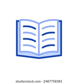 Vector icon of a school book lying on a table in an open position. The icon represents learning, reading and education. Can be used for educational websites, library catalogs and teaching materials