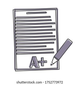 Vector icon school form with grades. Excellent test result. The image sheet of paper with a pencil cartoon style on white isolated background.