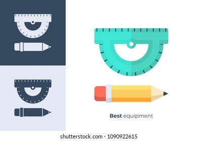 Vector icon of school pencil and ruler in flat style.