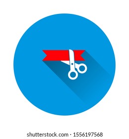 Vector icon scissors cut the ribbon. Opening symbol  on blue background. Flat image with long shadow.