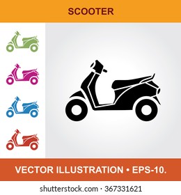 Vector Icon Of Scooter With Title & Small Multicolored Icons. Eps-10.