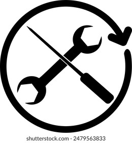 Vector icon of screwdriver and mechanical wrench icon symbol inside arrow circle. arrangement. flat vector.