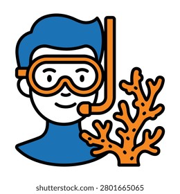 Vector icon of a scuba diver exploring near coral with underwater snorkeling swimming scubadiving snorkeler adventure activity tropical