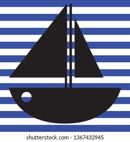 Vector icon sea black summer boat yach isolated on blue and white navy stripes background