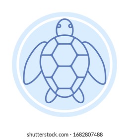 Vector icon of a sea turtle in dark blue color on the light blue background. Line graphics.