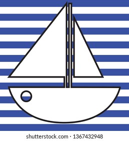 Vector icon sea white black outline summer boat yach isolated on blue and white navy stripes background