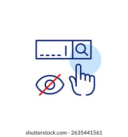 Vector icon of search bar with click and crossed-out eye, symbolizing hidden search, private browsing, or restricted query visibility. Ideal for privacy tools, search apps, and secure platforms