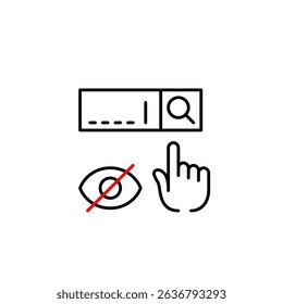 Vector icon of search bar with click and crossed-out eye, symbolizing hidden search, private browsing, or restricted query visibility. Ideal for privacy tools, search apps, secure platforms