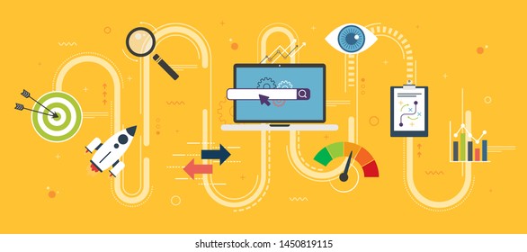 Vector Icon Of Search Engine Optimization In New Business, Performance And Efficiency, Strategy And Innovation, Investment And Sucess. Flat Design For Web Banner Or Infographic In Vector Illustration.