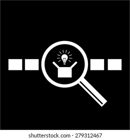 Vector icon of searching new idea out of the box with magnifying glass | white modern flat design conceptual pictograms and illustrations isolated on black background