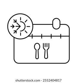 Ícone de vetor para menu sazonal. Ilustra um calendário com talheres, simbolizando opções de comida sazonal em ofertas de restaurantes.