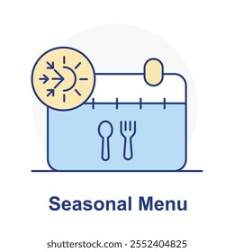 Ícone de vetor para menu sazonal. Ilustra um calendário com talheres, simbolizando opções de comida sazonal em ofertas de restaurantes.