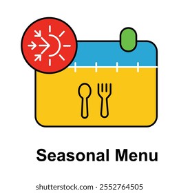 Ícone de vetor para menu sazonal. Ilustra um calendário com talheres, simbolizando opções de comida sazonal em ofertas de restaurantes.