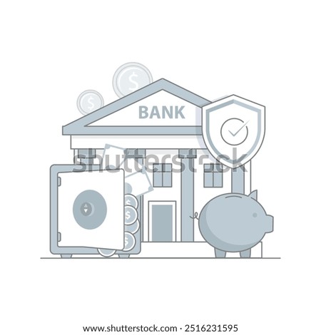 Vector icon for secure bank deposit and vault safety. Depicts a bank building, a secure vault, and a piggy bank, illustrating financial security and deposit management.