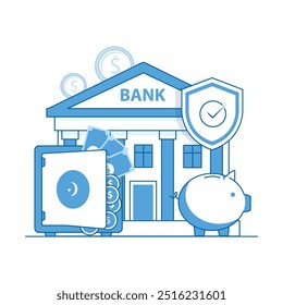 Vector icon for secure bank vault and savings deposit. Showcasing a bank, piggy bank, and a vault to represent secure financial storage and money saving.